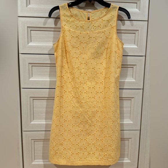 Butter Yellow White House | Black Market Eyelet Embroidered Floral Sheath Dress - Picture 10 of 11
